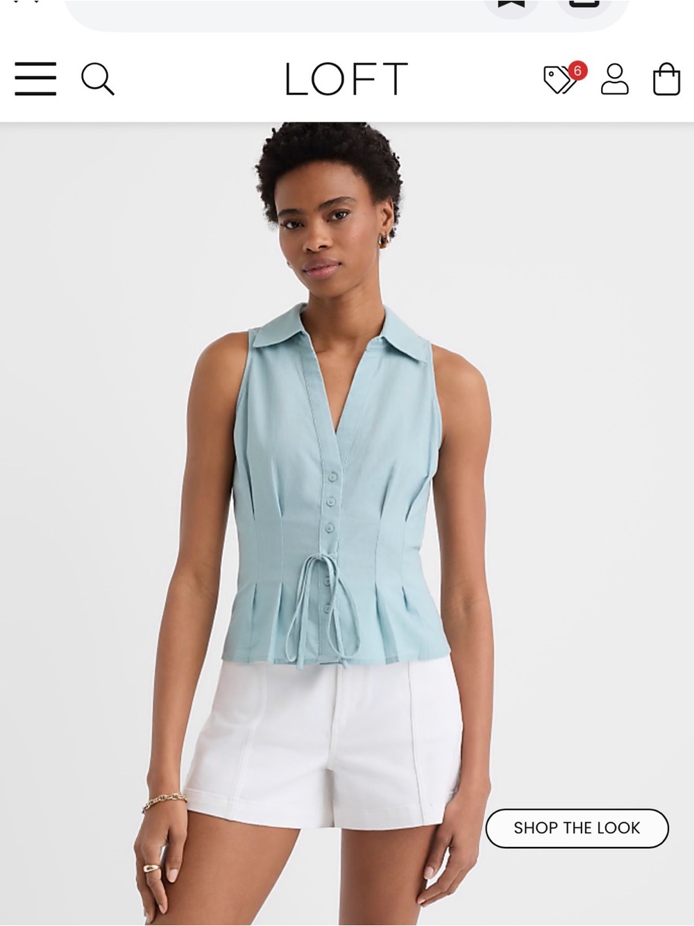 LOFT Linen Cotton Light Blue  Collared Tie-Front Top